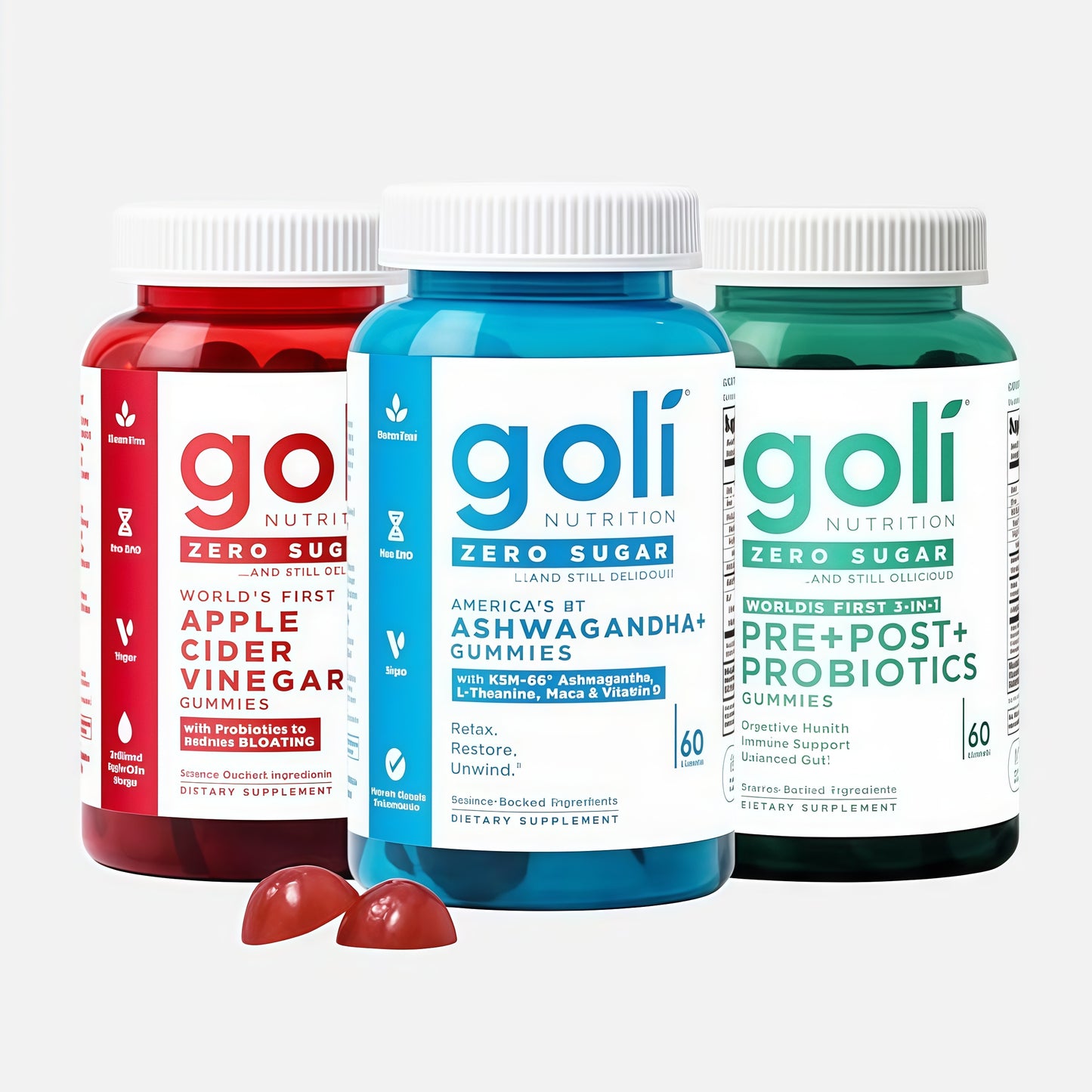 Goli Zero Sugar Trio- World's First 3-in-1 Pre, Post, Probiotic, Apple Cider Vinegar with Vitamin B12 and Probiotics, Ashwagandha & L-Theanine, Vitamin D gummies. Vegan, Gelatin & Gluten-Free, Non-GMO