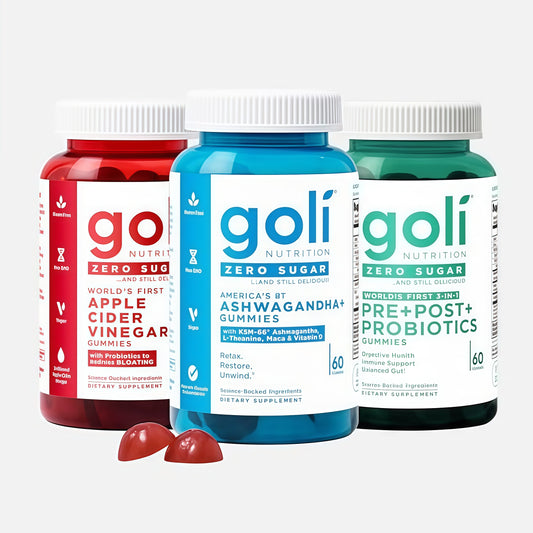 Goli Zero Sugar Trio- World's First 3-in-1 Pre, Post, Probiotic, Apple Cider Vinegar with Vitamin B12 and Probiotics, Ashwagandha & L-Theanine, Vitamin D gummies. Vegan, Gelatin & Gluten-Free, Non-GMO